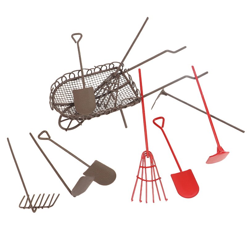 Gardening Tools Hoe - 1/12 ตุ๊กตาจําลองสวนชุดเครื่องมือตุ๊กตา Shovel Rake Hoe Cart