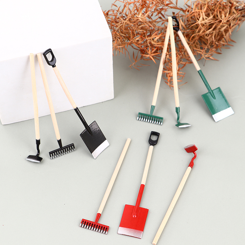 Gardening Tools Hoe - 3ชิ้นบ้านตุ๊กตา1:12ขนาดเล็กพลั่วทำสวนคราด hoes เครื่องมือฟาร์มตุ๊กตาตกแต่ง